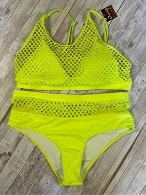 Neon Yellow Mesh High-Waist Bikini Set